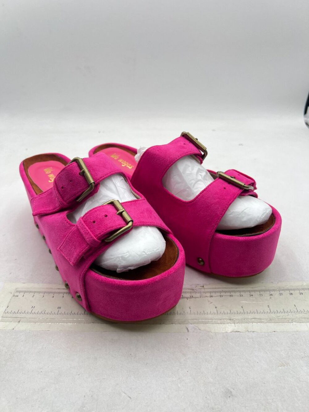 Wo Wagas Hot Pink Buckle Strap Mules Platform Slippers Chunky Mid Heel Sandals - Picture 4 of 8